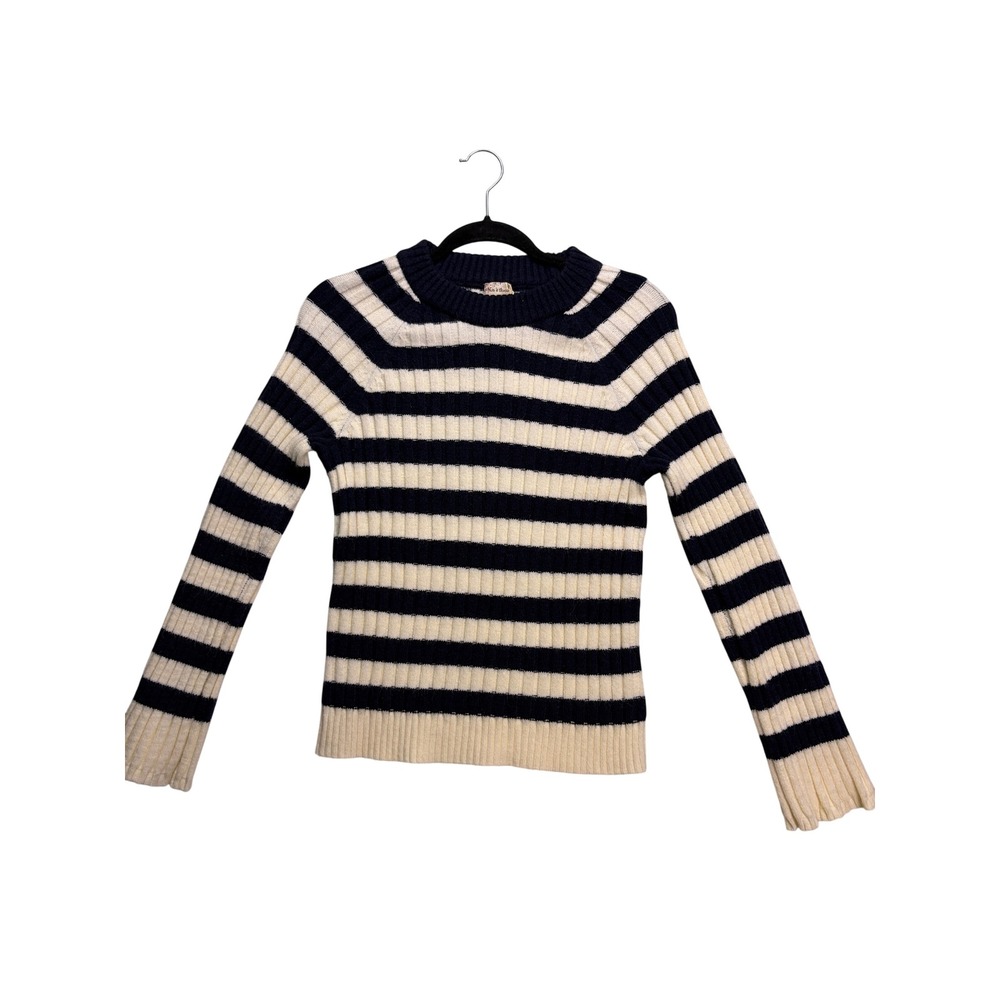 Hem & Thread Sweater Women Medium Navy White Striped Ribbed Knit Pullover